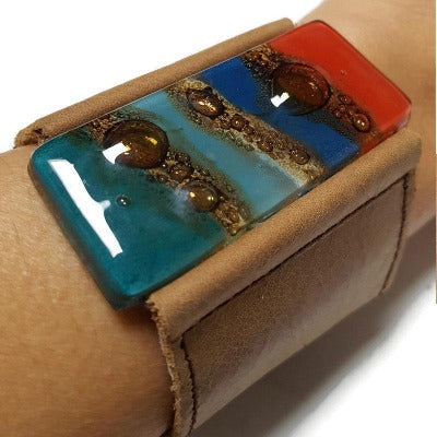 Wide Leather Cuff. Blue Leather Bracelet. Blue red and Teal Recycled glass and light brown soft leather Bracelet. Ecofashion holiday gifts