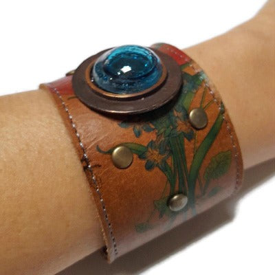 Floral Reclaimed Leather Wide Cuff Bracelet. Fused Glass and Leather Wrist band. Unique eco fashion jewelry, Turquoise glass bead w bubbles!