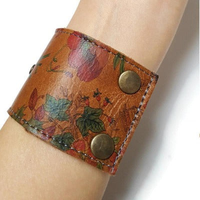 Floral Reclaimed Leather Wide Cuff Bracelet. Fused Glass and Leather Wrist band. Unique eco fashion jewelry, Turquoise glass bead w bubbles!