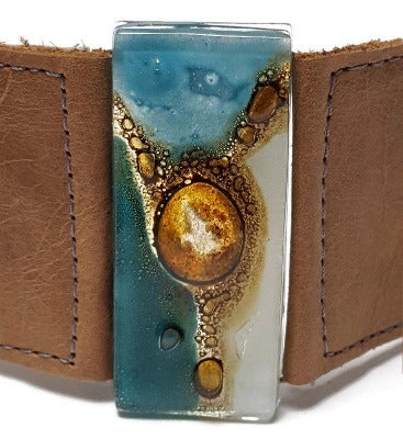 Teal Wide Leather Cuff. Light brown Leather Bracelet. Recycled glass Bracelet. Teal, white, and brown with silver bubbles cuff. Upcycled