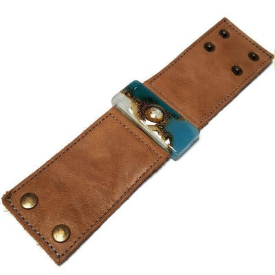 Teal Wide Leather Cuff. Light brown Leather Bracelet. Recycled glass Bracelet. Teal, white, and brown with silver bubbles cuff. Upcycled