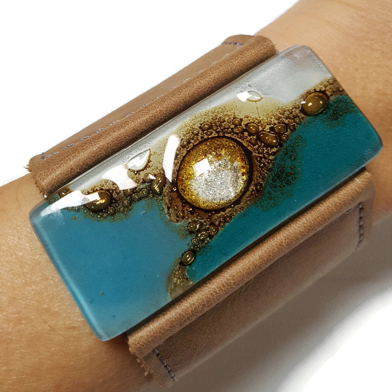 Teal Wide Leather Cuff. Light brown Leather Bracelet. Recycled glass Bracelet. Teal, white, and brown with silver bubbles cuff. Upcycled