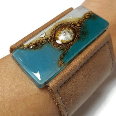 Teal Wide Leather Cuff. Light brown Leather Bracelet. Recycled glass Bracelet. Teal, white, and brown with silver bubbles cuff. Upcycled