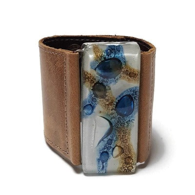 Wide Leather Cuff. Blue, white and brown glass bead light brown Leather Bracelet. Recycled glass Bracelet. Statemen Eco friendly jewelry