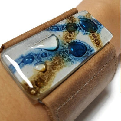 Wide Leather Cuff. Blue, white and brown glass bead light brown Leather Bracelet. Recycled glass Bracelet. Statemen Eco friendly jewelry
