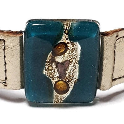 Metallic Leather Cuff with Teal brown color Recycled Fused Glass Bead. Awesome statement cuff. Eco-friendly holiday gift. Handcrafted cuff