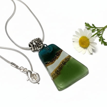Green, white and White Recycled Fused Glass small Pendant. Geometric Necklace. Green jewelry. Handcrafted jewelry. Best holiday gifts