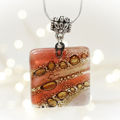 Square small Pendant. Handmade Red, Pink and Brown  Recycled Fused Glass Necklace. Dainty colorful necklace. Everyday Pendant. handcrafted