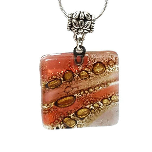 Square small Pendant. Handmade Red, Pink and Brown  Recycled Fused Glass Necklace. Dainty colorful necklace. Everyday Pendant. handcrafted