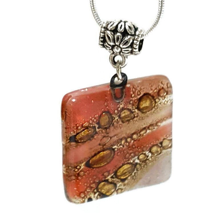 Square small Pendant. Handmade Red, Pink and Brown  Recycled Fused Glass Necklace. Dainty colorful necklace. Everyday Pendant. handcrafted