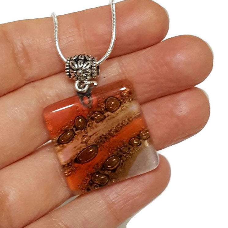 Square small Pendant. Handmade Red, Pink and Brown  Recycled Fused Glass Necklace. Dainty colorful necklace. Everyday Pendant. handcrafted