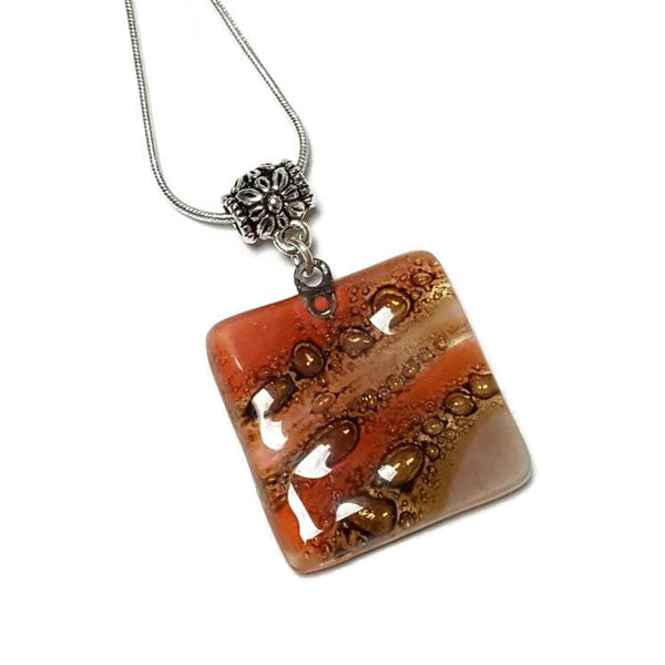 Square small Pendant. Handmade Red, Pink and Brown  Recycled Fused Glass Necklace. Dainty colorful necklace. Everyday Pendant. handcrafted