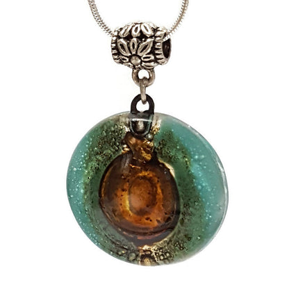 Blue Green, Teal Recycled fused glass pendant. Awesome golden bubbles. Handmade necklace. Eco friendly best holiday gifts.