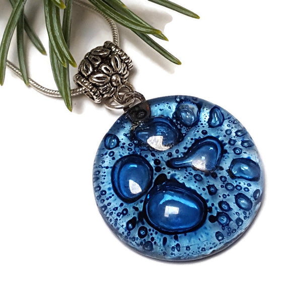 Blue Glass pendant. Round Recycled Fused Glass Pendant. Handcrafted necklace. Bubbles. Ocean glass jewelry. Something Blue. Gifts for her