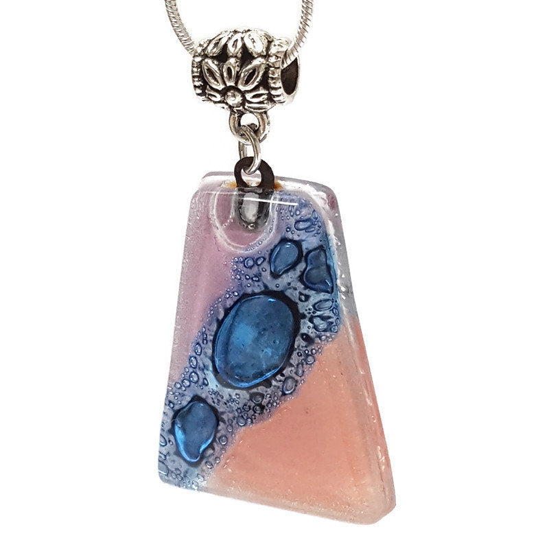 Pink, lilac and Blue Recycled Fused Glass small Pendant. Awesome glass bubbles. Ocean, beach Sea Jewelry. Best gift idea. Handcrafted beads