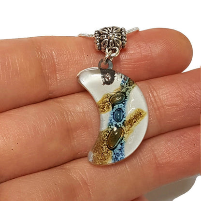 Blue Moon shape Recycled Glass pendant. Fused Glass Necklace. Moon Charm. Great gift idea. Handcrafted beads. Eco-friendly magical jewelry