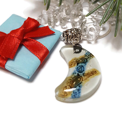Blue Moon shape Recycled Glass pendant. Fused Glass Necklace. Moon Charm. Great gift idea. Handcrafted beads. Eco-friendly magical jewelry