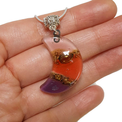Purple Moon. Recycled fused Glass Pendant. Small moon shaped necklace. Handmade magic jewelry. Moon lovers gift. Eco Friendly. Astros