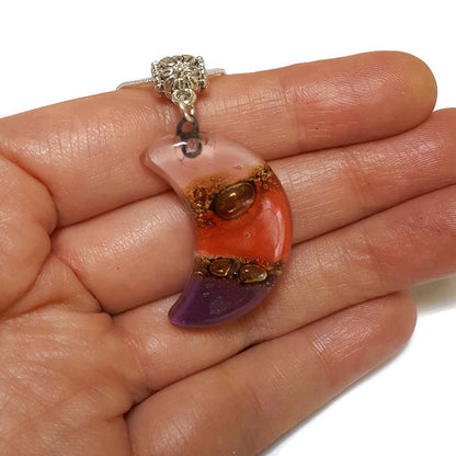 Purple Moon. Recycled fused Glass Pendant. Small moon shaped necklace. Handmade magic jewelry. Moon lovers gift. Eco Friendly. Astros