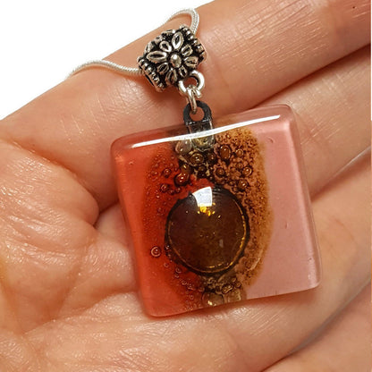 Necklace. Square Red and pink small recycled glass Pendant. Handmade Red, pink and brown. Dainty colorful necklace. Everyday Pendant