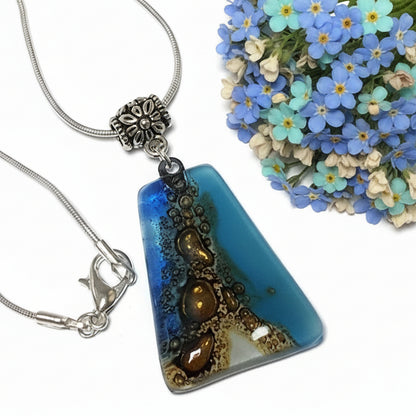Blue, white and Brown Recycled Fused Glass small Pendant. Geometric Ocean Sea Jewelry. Awesome handmade gifts.