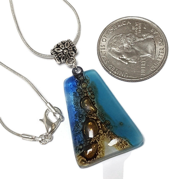 Blue, white and Brown Recycled Fused Glass small Pendant. Geometric Ocean Sea Jewelry. Awesome handmade gifts.