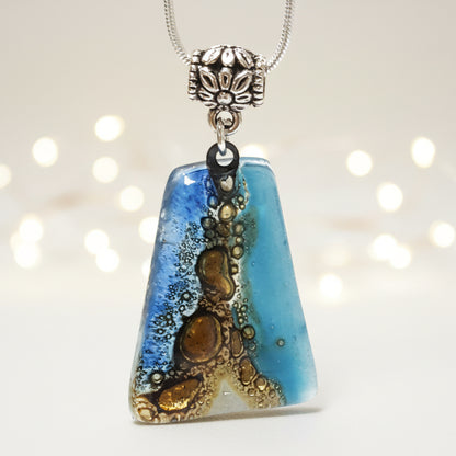 Blue, white and Brown Recycled Fused Glass small Pendant. Geometric Ocean Sea Jewelry. Awesome handmade gifts.