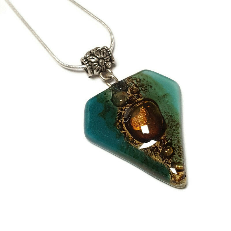 Fused Glass Pendant . Teal and Brown Glass Necklace. Silver Plated Chain. Unique Glass Recycled Glass Pendant. Great gift under 15, Handmade