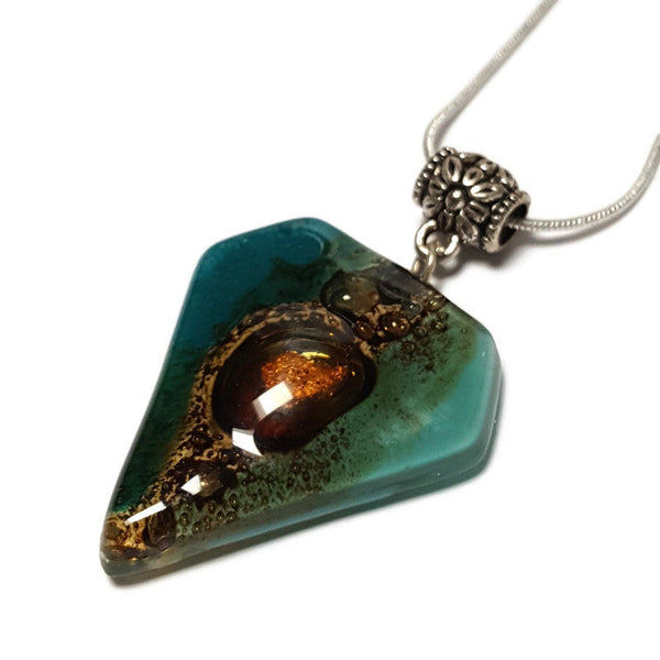 Fused Glass Pendant . Teal and Brown Glass Necklace. Silver Plated Chain. Unique Glass Recycled Glass Pendant. Great gift under 15, Handmade