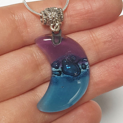 Purple, blue Moon Recycled Glass Pendant. Small moon made of Recycled Glass. Handmade. Best holiday gift. Crescent moon. Waxing moon