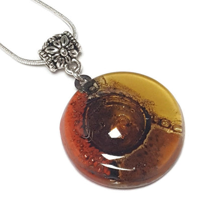 Glass pendant Red, Beige, terracotta and Brown round Fused Glass Pendant. Recycled Fused Glass Necklace. Golden bubbles. Handmade gifts