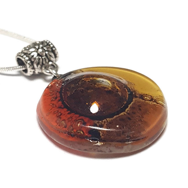 Glass pendant Red, Beige, terracotta and Brown round Fused Glass Pendant. Recycled Fused Glass Necklace. Golden bubbles. Handmade gifts