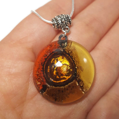 Glass pendant Red, Beige, terracotta and Brown round Fused Glass Pendant. Recycled Fused Glass Necklace. Golden bubbles. Handmade gifts