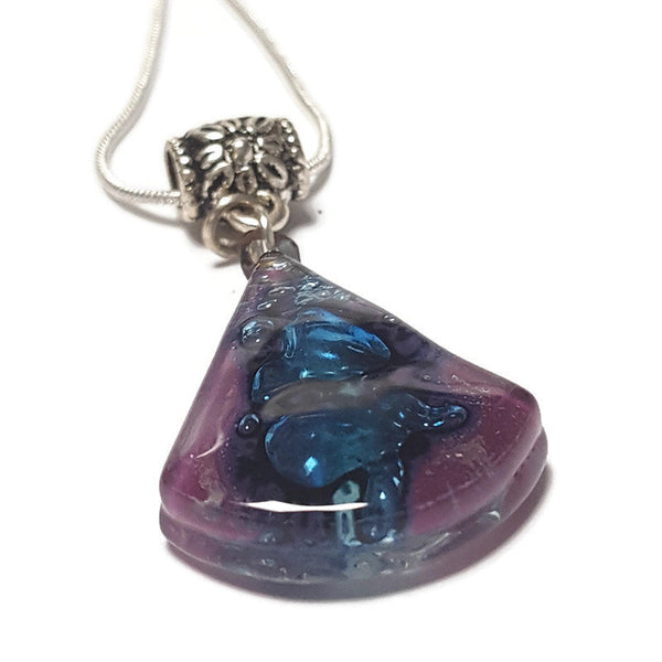 Glass pendant. Purple and blue circular triangle recycled Fused Glass Necklace. Awesome handcrafted and eco friendly gift under 15 for her.