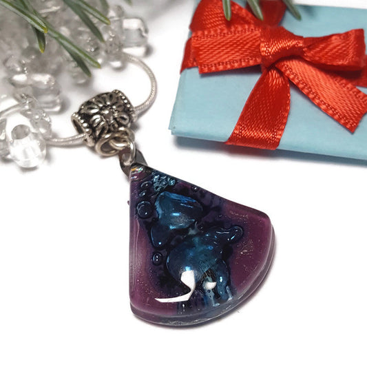 Glass pendant. Purple and blue circular triangle recycled Fused Glass Necklace. Awesome handcrafted and eco friendly gift under 15 for her.