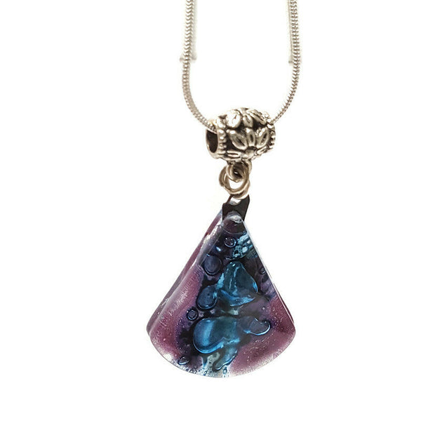Glass pendant. Purple and blue circular triangle recycled Fused Glass Necklace. Awesome handcrafted and eco friendly gift under 15 for her.