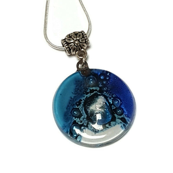 Glass pendant Blue and white round Fused Glass  Necklace. Silver bubbles. Handmade gifts. Unque handcrafted necklace. Glass with bubbles