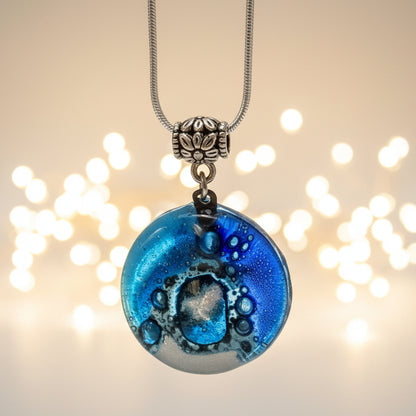 Glass pendant Blue and white round Fused Glass  Necklace. Silver bubbles. Handmade gifts. Unque handcrafted necklace. Glass with bubbles