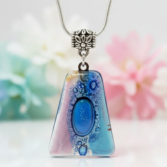 Blue and lilac Recycled Fused Glass small Pendant. Handmade unique geometric necklace. Glass with bubbles.  Best One of a kind gifts.