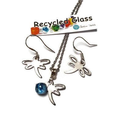 Small Dragonfly set. Dangle earrings and necklace. Recycled fused glass Blue bead. Unique handcrafted and ecofriendly. Dainty jewelry.