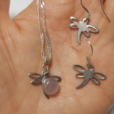 Small Dragonfly set. Dangle earrings and necklace. Recycled fused glass pale lilac bead. Unique handcrafted and ecofriendly. Dainty jewelry.