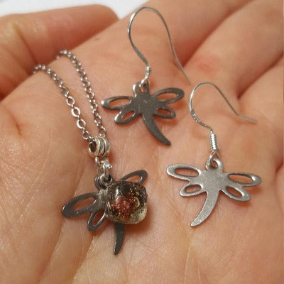 Small Dragonfly set.  Drop  earrings and necklace. Recycled fused glass sand and copper bead. Dainty, tiny, minimalist jewlery