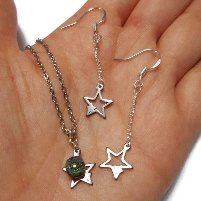 Long star earrings and pendant jewelry set. Purple and green Recycled fused glass bead necklace. Dainty celestial jewelry. Magical