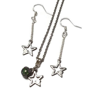 Long star earrings and pendant jewelry set. Purple and green Recycled fused glass bead necklace. Dainty celestial jewelry. Magical