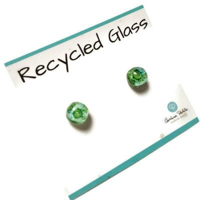 Small Post White, Green and Turquoise Earrings. Fused Glass Studs. Recycled Glass jewelry. Minimal simple dainty Stud earrings