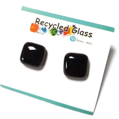 Post Earrings. Recycled glass Earrings. BLACK Earrings Studs. Fused Glass jewelry. Small earrings. Black simple plain black earrings.