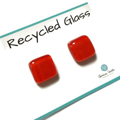 Post Earrings. Recycled glass Earrings. RED Earrings Studs. Fused Glass jewelry. Small plain simple minimalist stud earrings