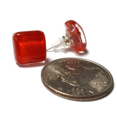 Post Earrings. Recycled glass Earrings. RED Earrings Studs. Fused Glass jewelry. Small plain simple minimalist stud earrings