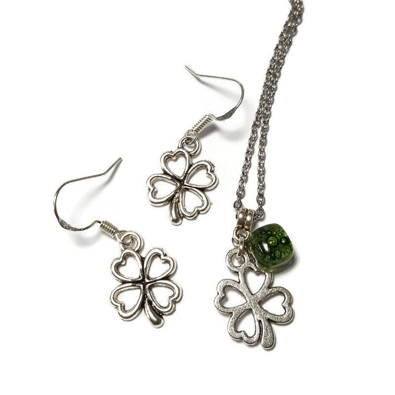 Shamrock Green set. Recycled  fused glass pendant and small dangle earrings. Sterling silver hooks. Handmade small jewelry.