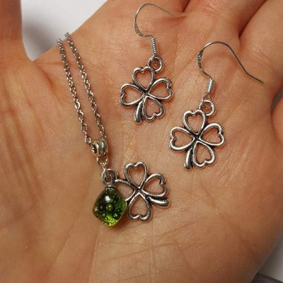 Shamrock Green set. Recycled  fused glass pendant and small dangle earrings. Sterling silver hooks. Handmade small jewelry.